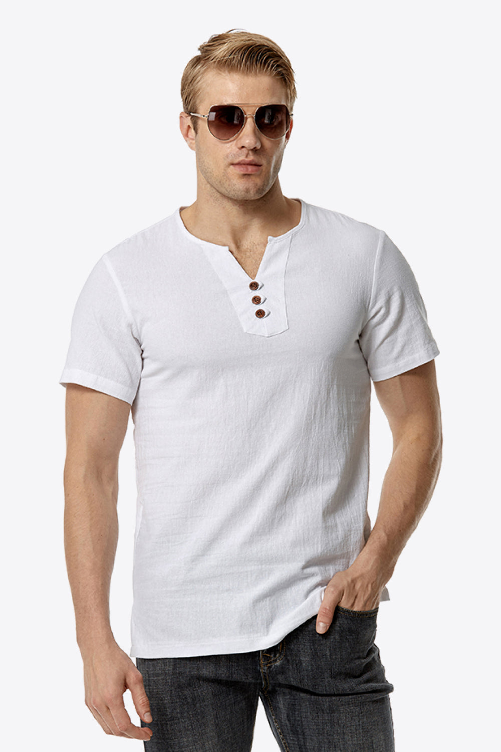 Buttoned Notched Neck Short Sleeve Tee