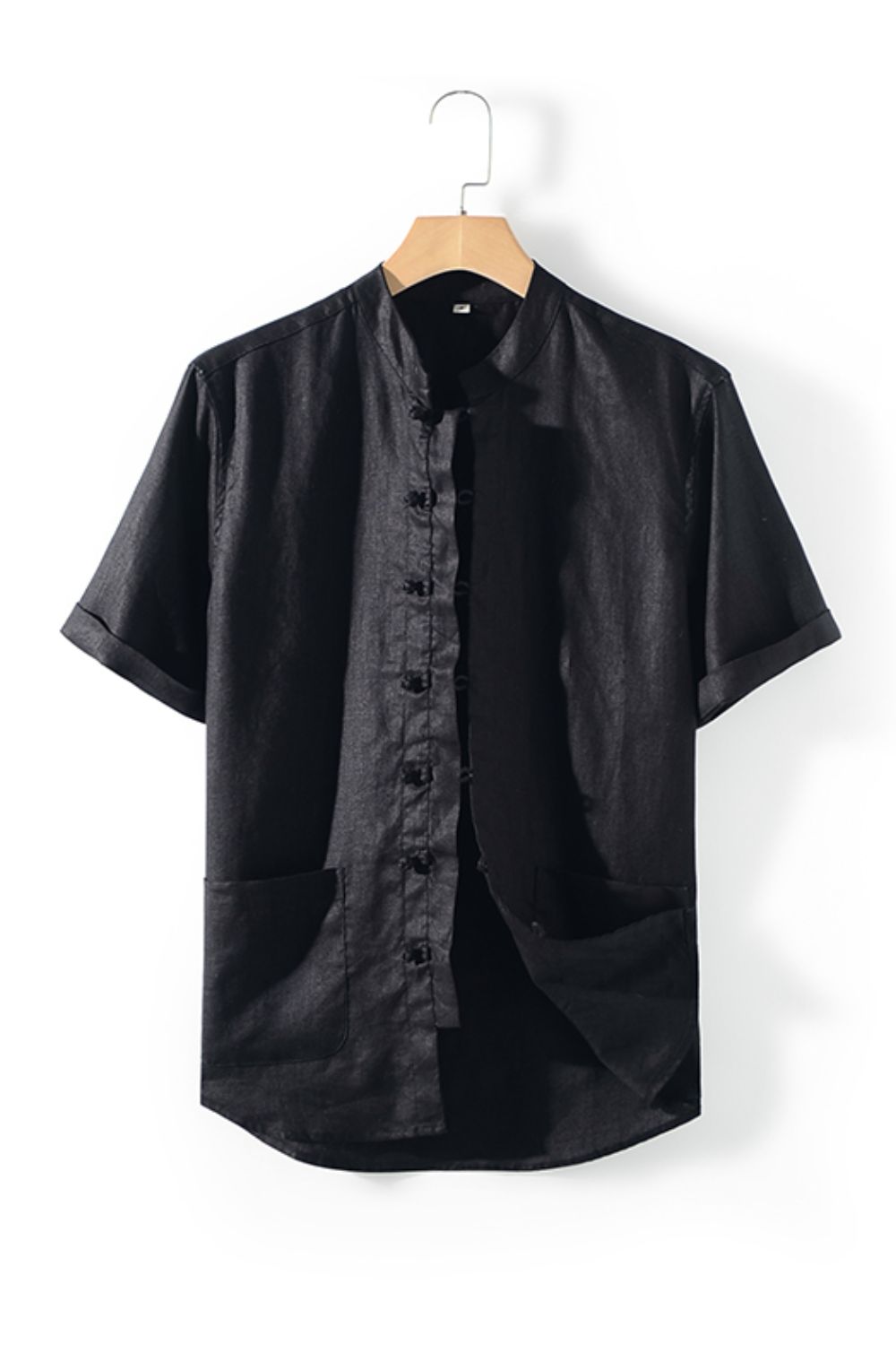 Buttoned Round Neck Short Sleeve Linen Shirt with Pockets