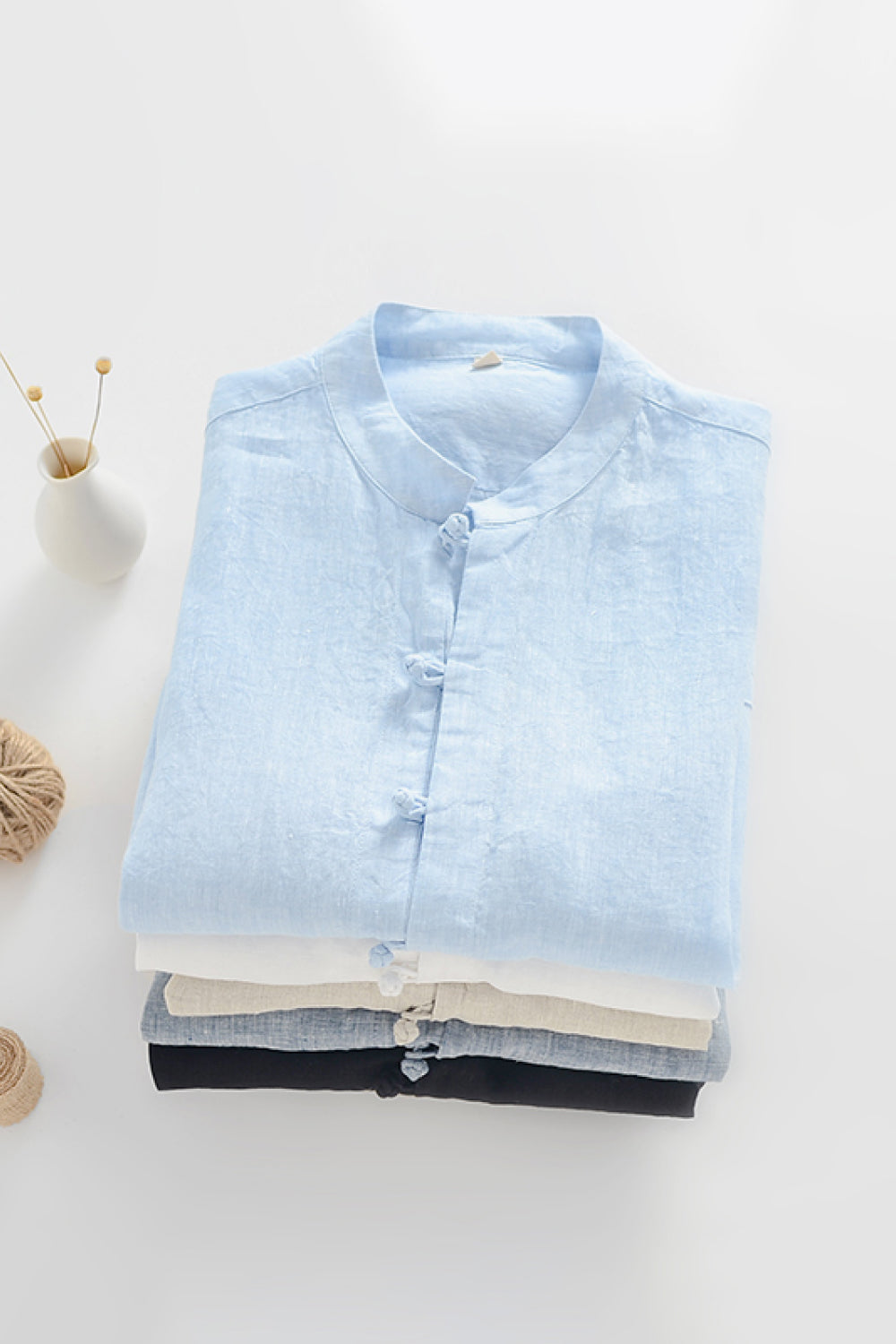 Buttoned Round Neck Short Sleeve Linen Shirt with Pockets