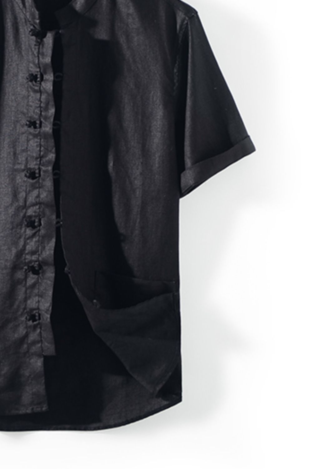 Buttoned Round Neck Short Sleeve Linen Shirt with Pockets