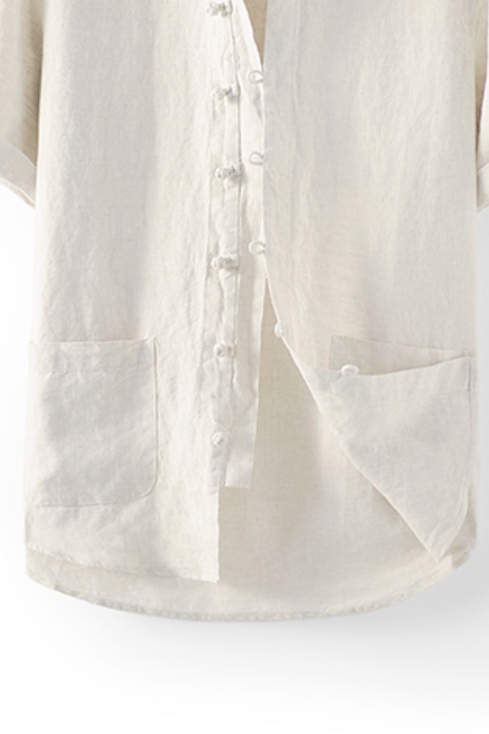 Buttoned Round Neck Short Sleeve Linen Shirt with Pockets