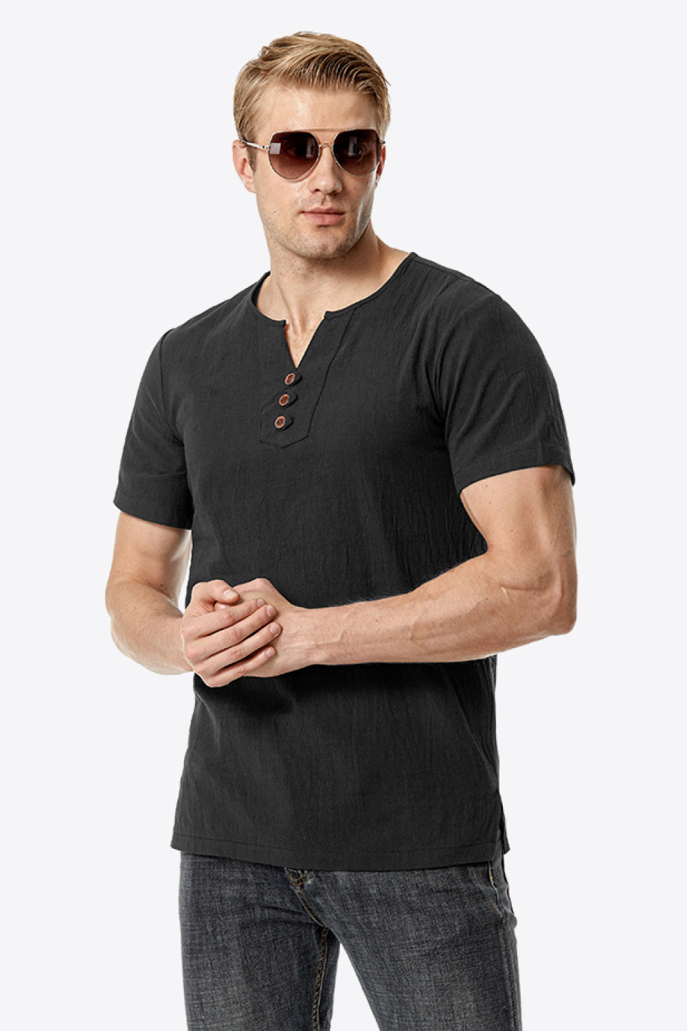 Buttoned Notched Neck Short Sleeve Tee