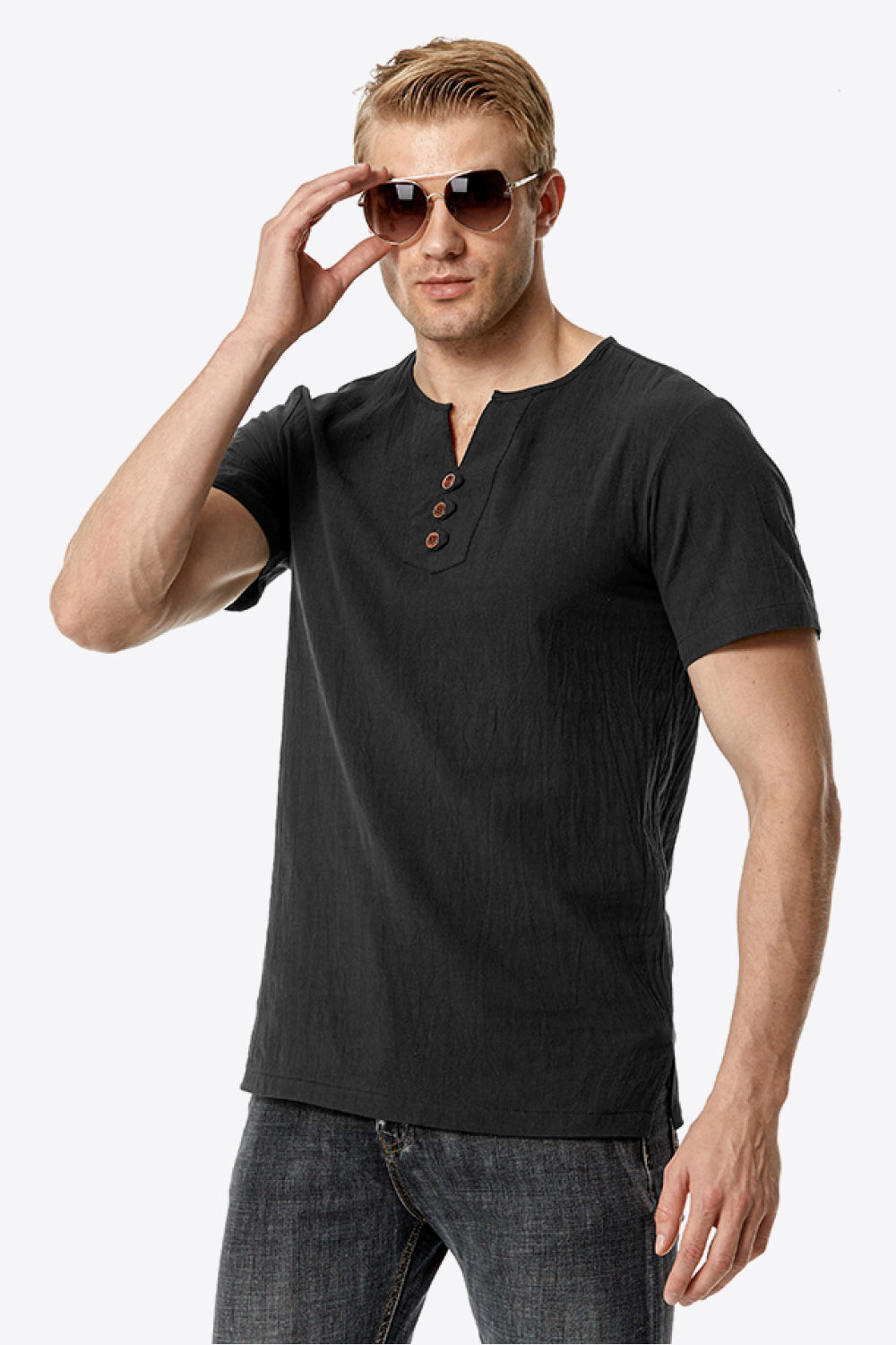Buttoned Notched Neck Short Sleeve Tee