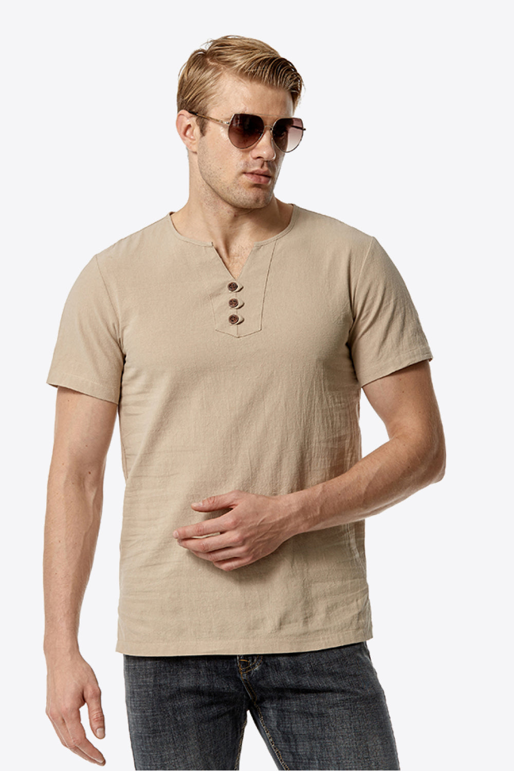 Buttoned Notched Neck Short Sleeve Tee