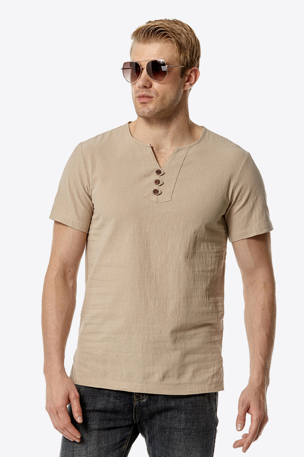 Buttoned Notched Neck Short Sleeve Tee