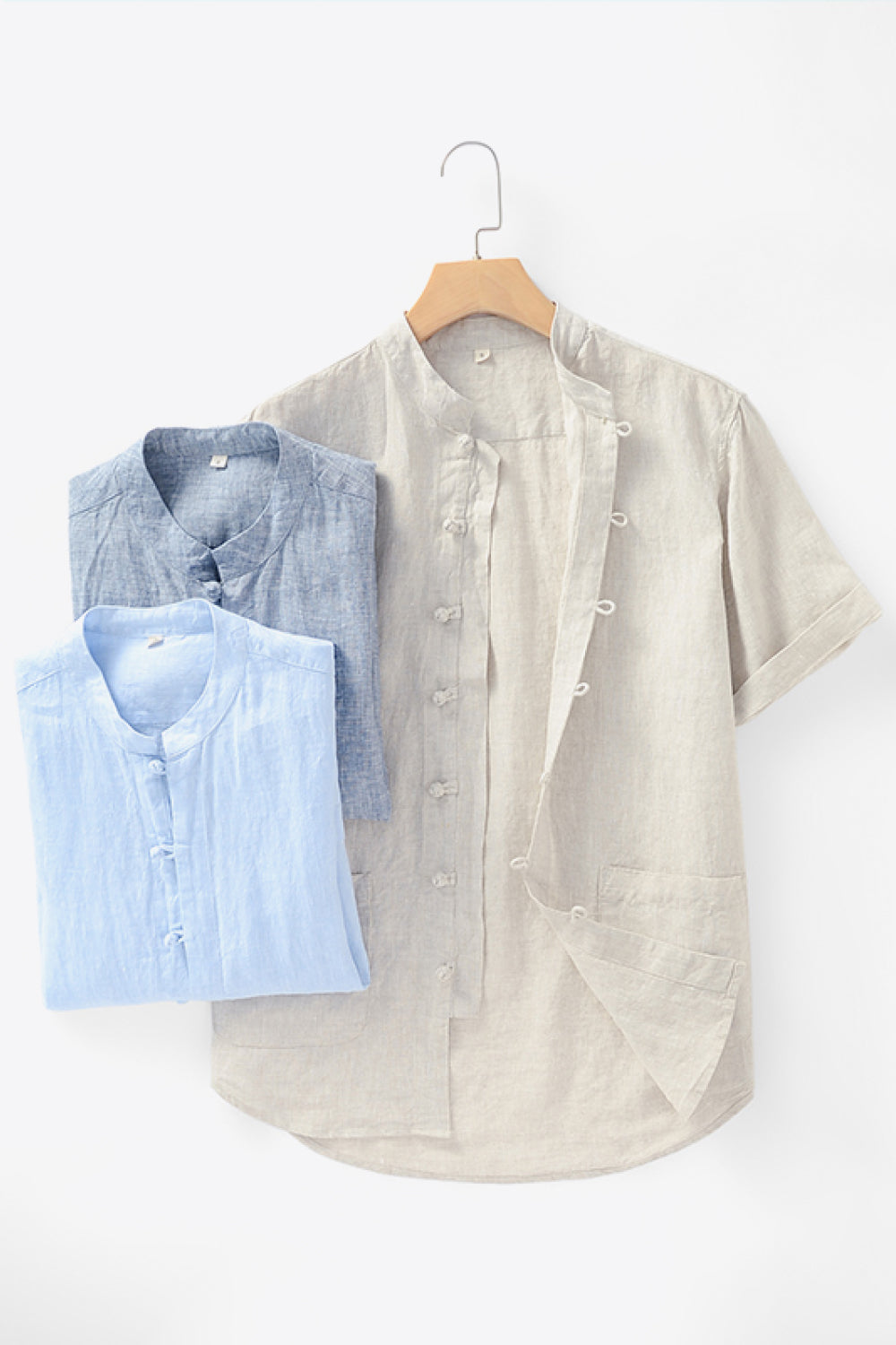 Buttoned Round Neck Short Sleeve Linen Shirt with Pockets