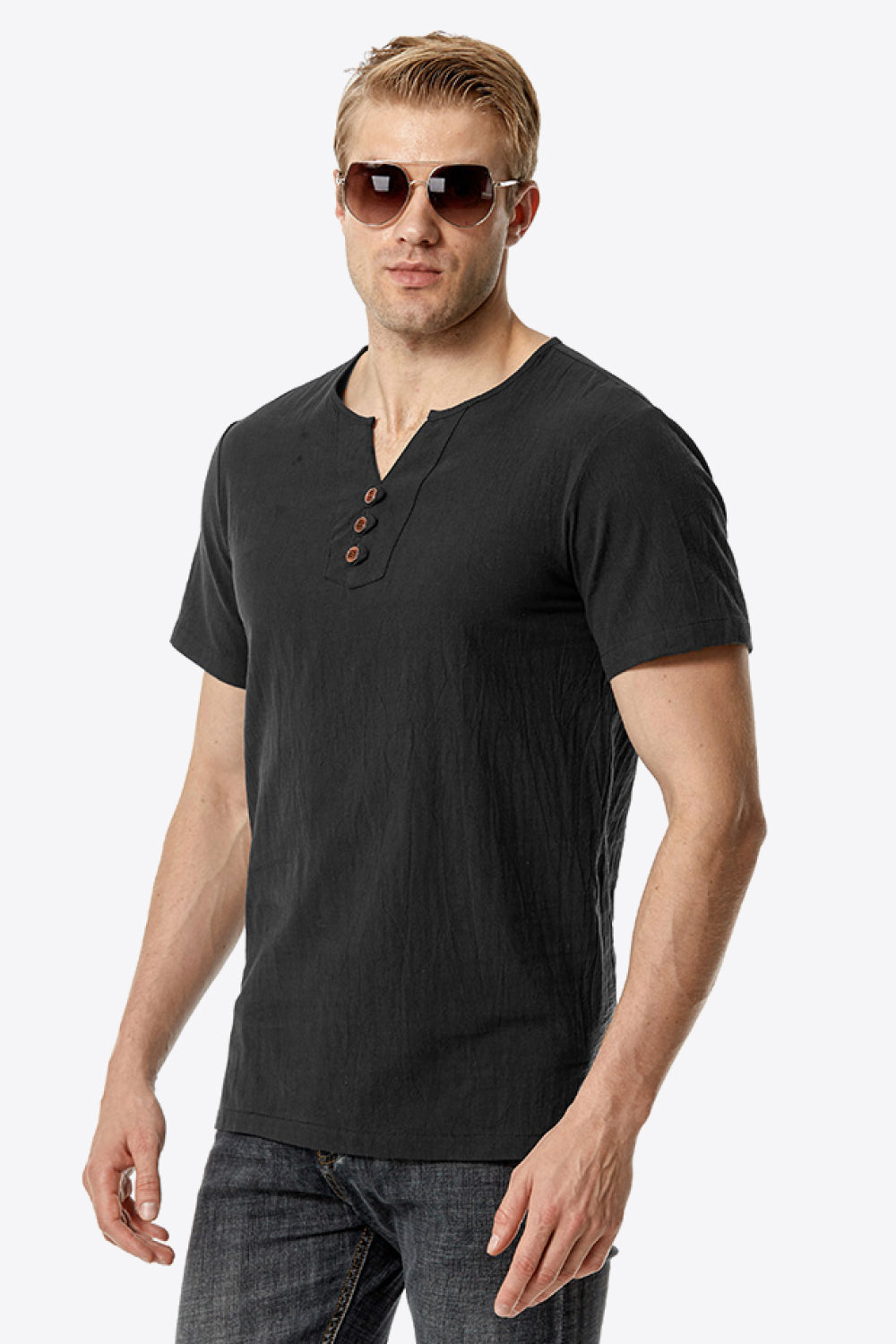 Buttoned Notched Neck Short Sleeve Tee