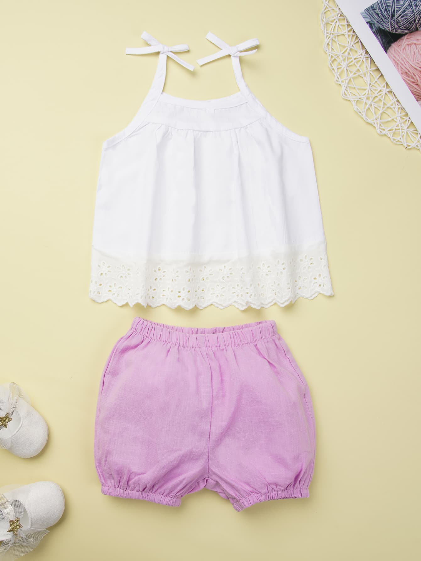 Lace Cami and Elastic Waist Shorts Set