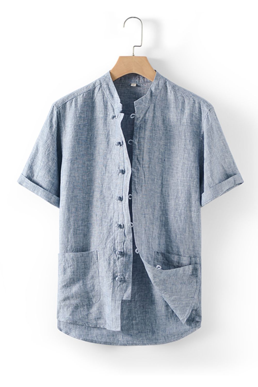 Buttoned Round Neck Short Sleeve Linen Shirt with Pockets