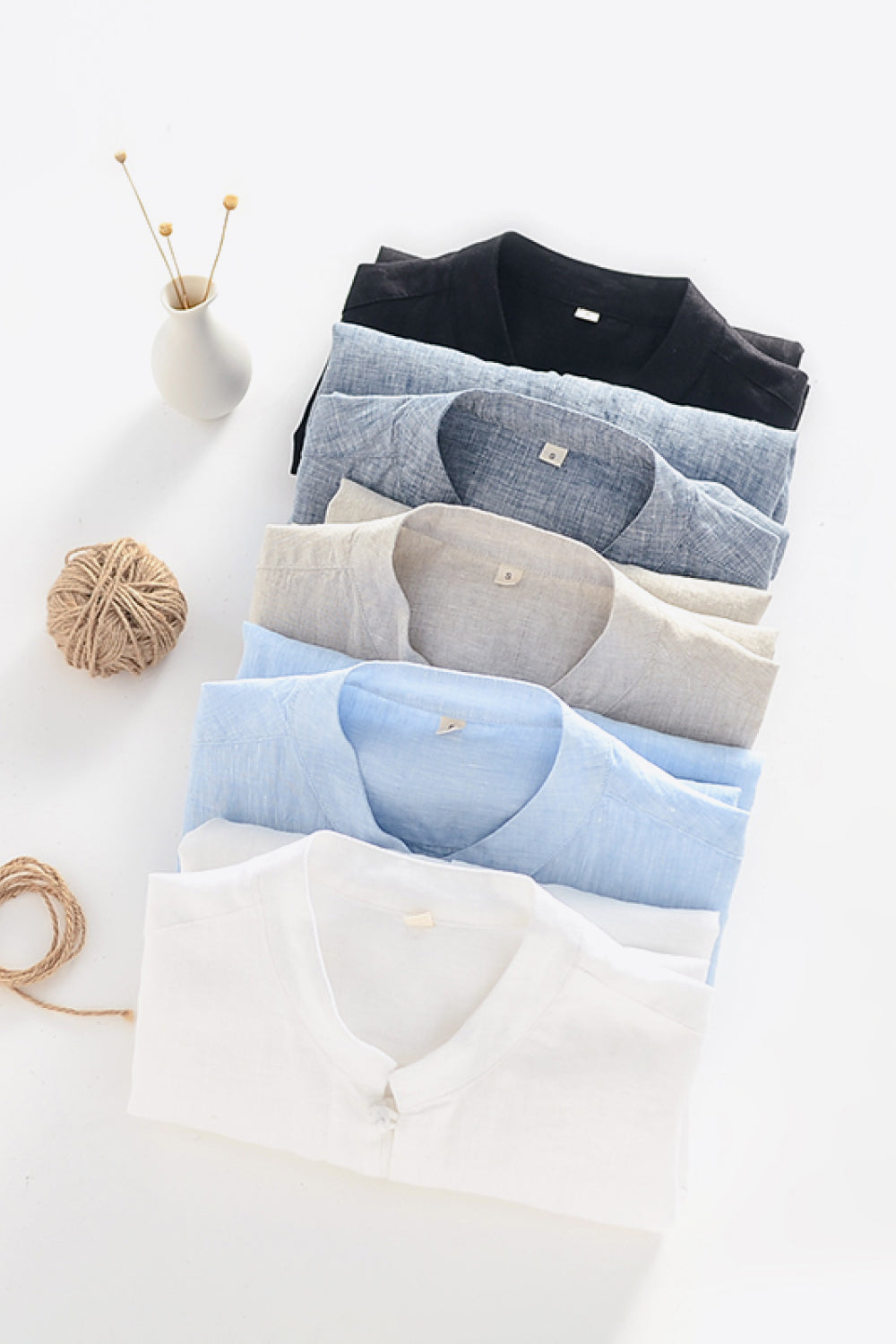 Buttoned Round Neck Short Sleeve Linen Shirt with Pockets