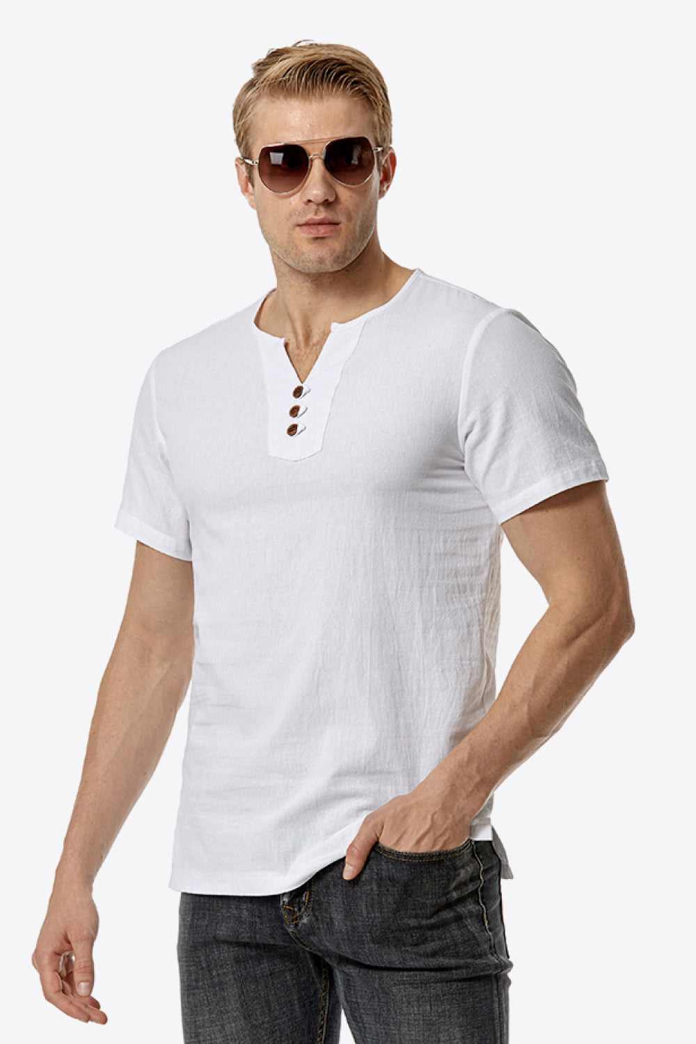 Buttoned Notched Neck Short Sleeve Tee