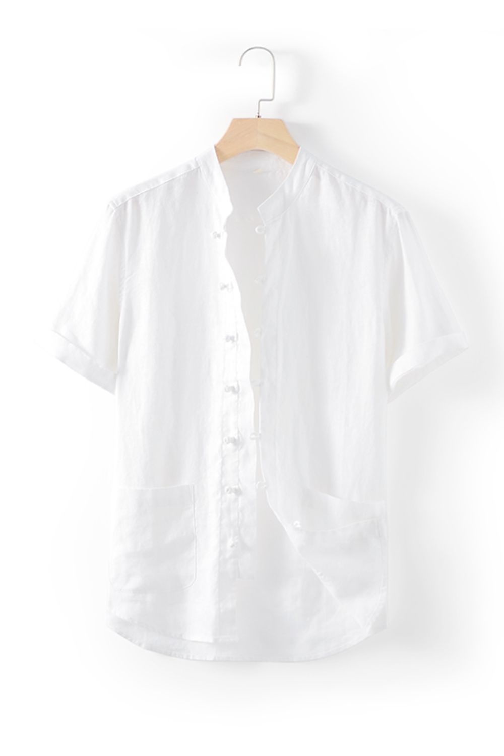 Buttoned Round Neck Short Sleeve Linen Shirt with Pockets