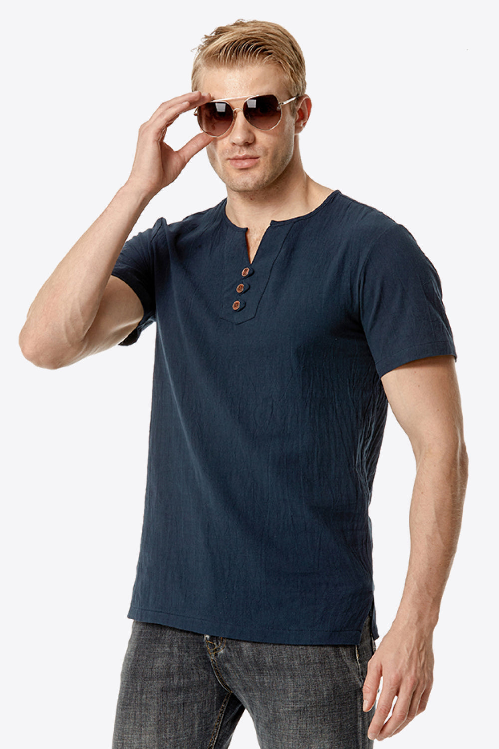 Buttoned Notched Neck Short Sleeve Tee