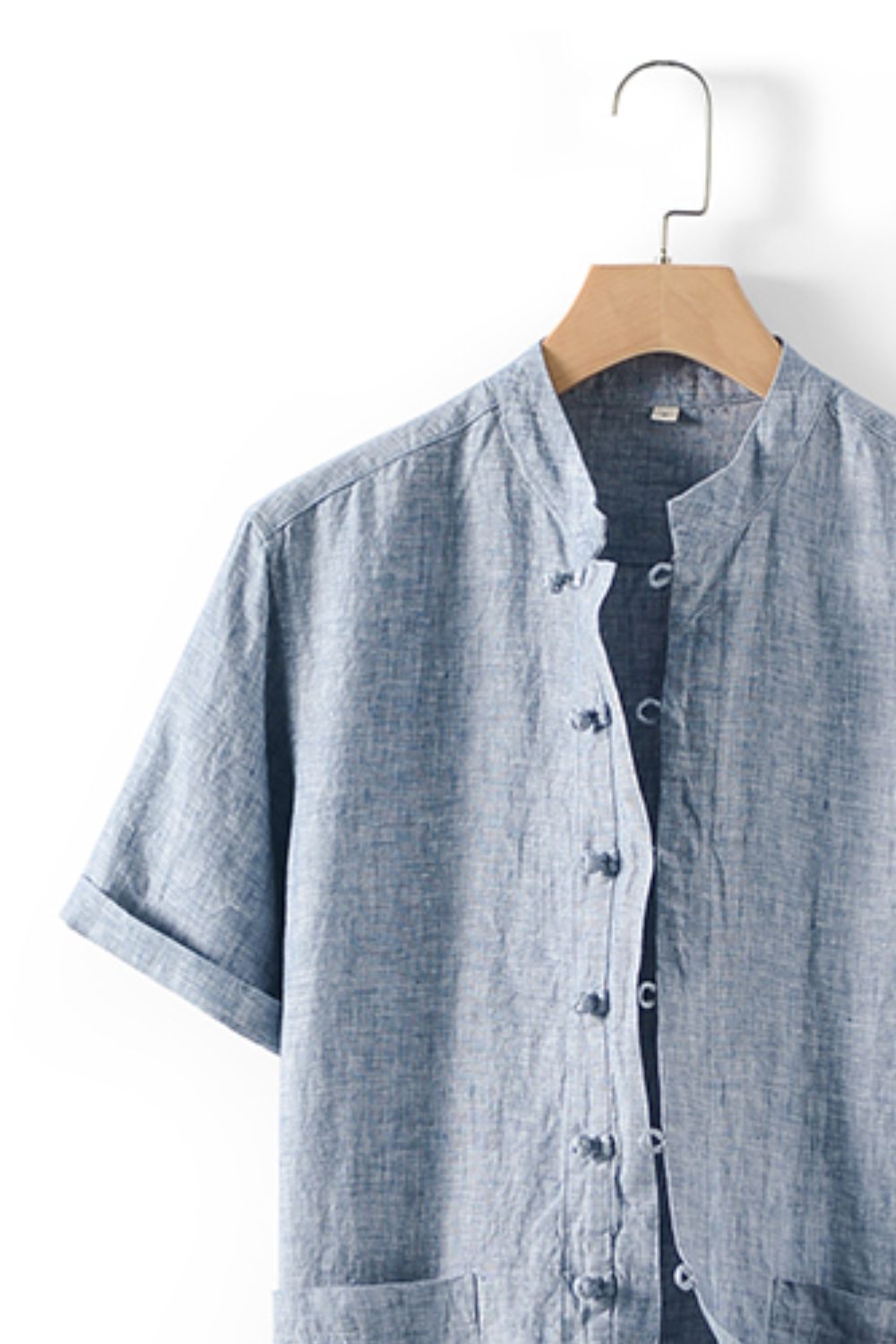 Buttoned Round Neck Short Sleeve Linen Shirt with Pockets
