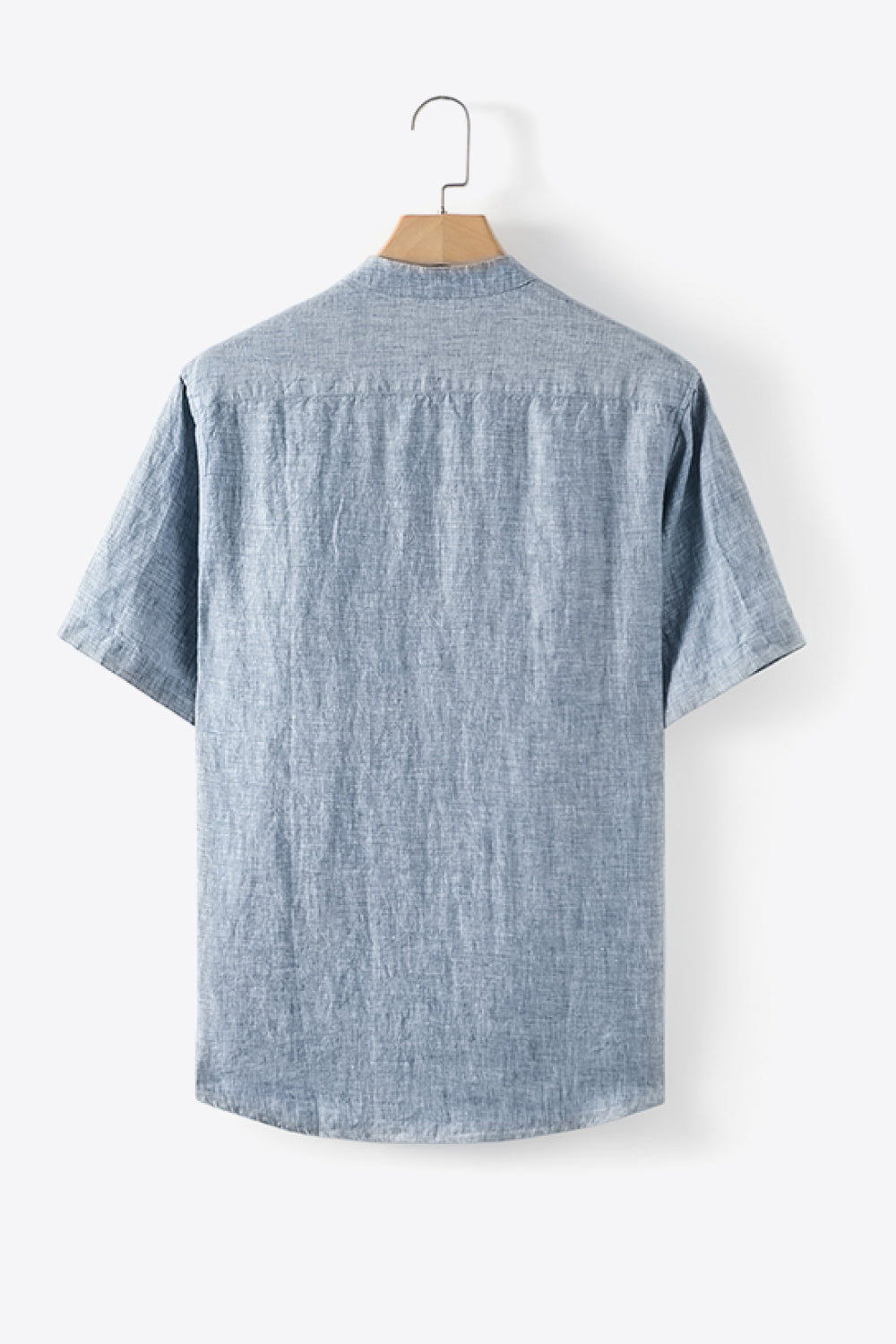 Buttoned Round Neck Short Sleeve Linen Shirt with Pockets
