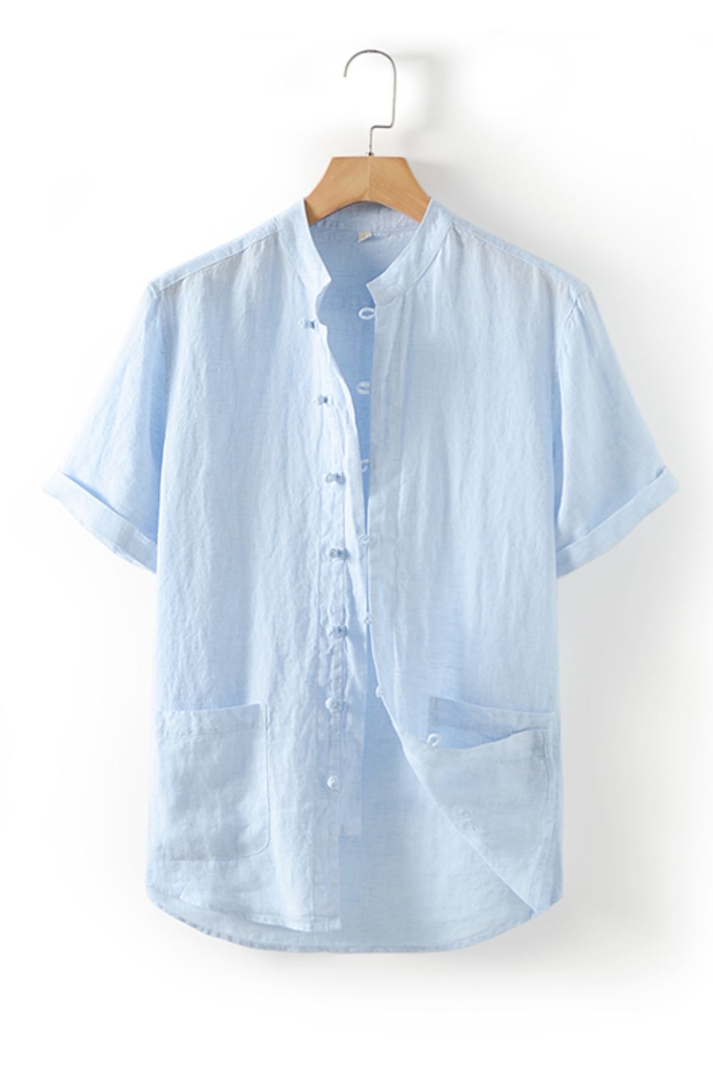Buttoned Round Neck Short Sleeve Linen Shirt with Pockets