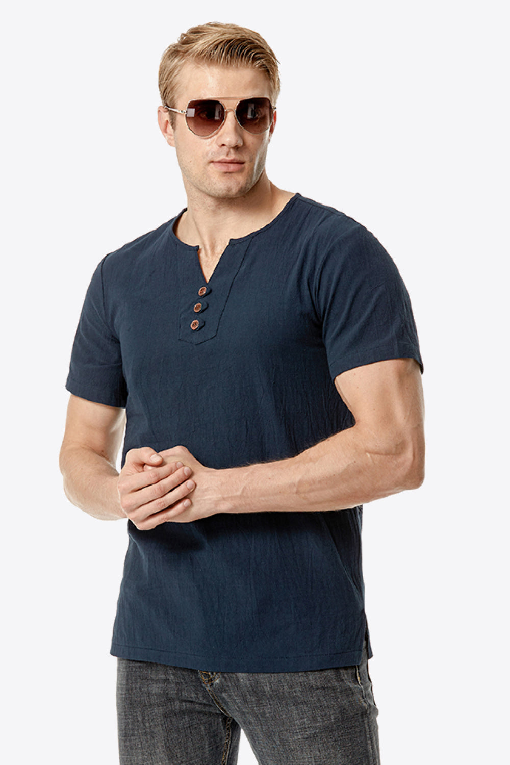 Buttoned Notched Neck Short Sleeve Tee