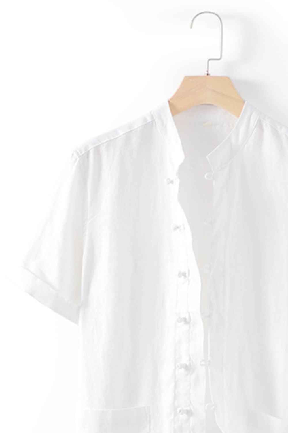 Buttoned Round Neck Short Sleeve Linen Shirt with Pockets
