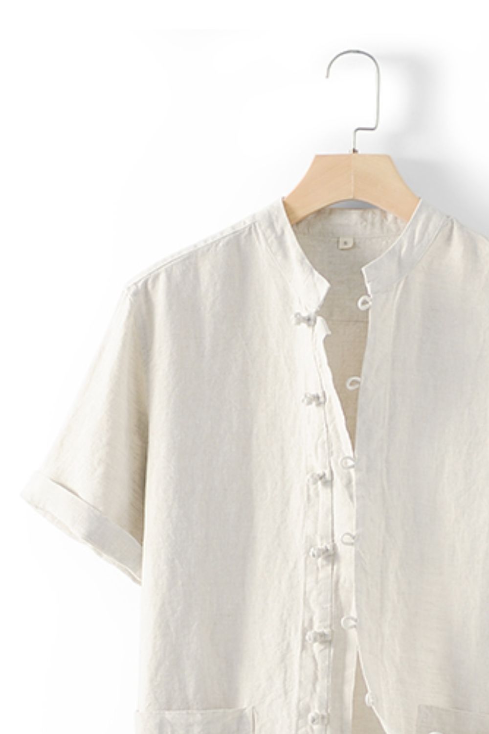 Buttoned Round Neck Short Sleeve Linen Shirt with Pockets