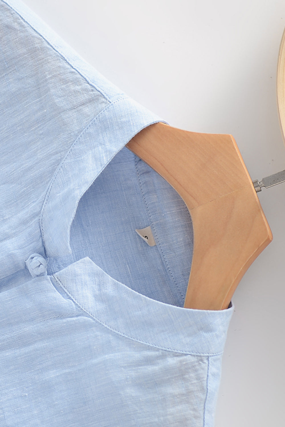 Buttoned Round Neck Short Sleeve Linen Shirt with Pockets