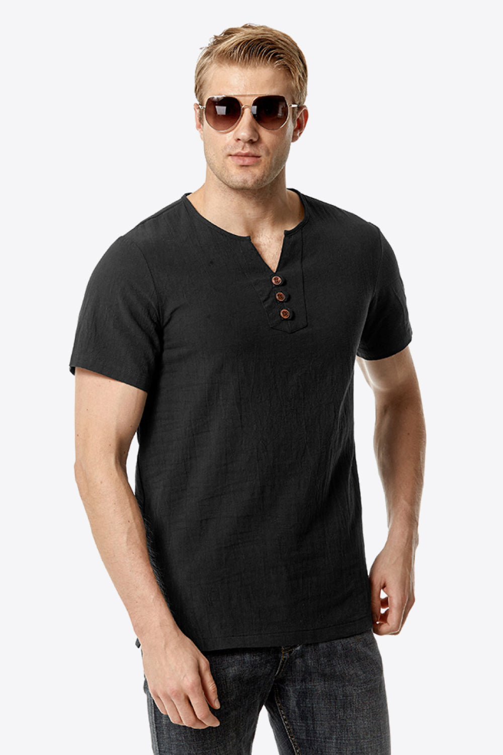 Buttoned Notched Neck Short Sleeve Tee