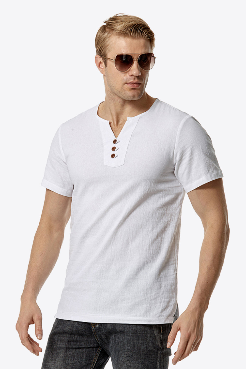 Buttoned Notched Neck Short Sleeve Tee