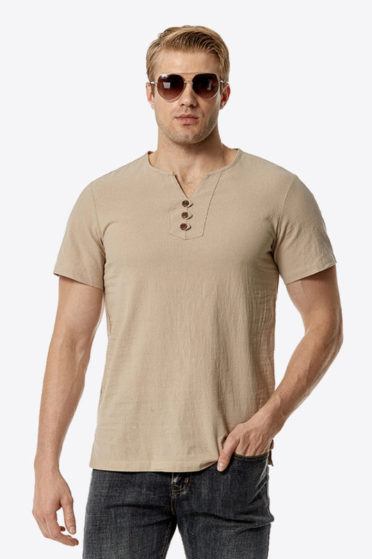 Buttoned Notched Neck Short Sleeve Tee