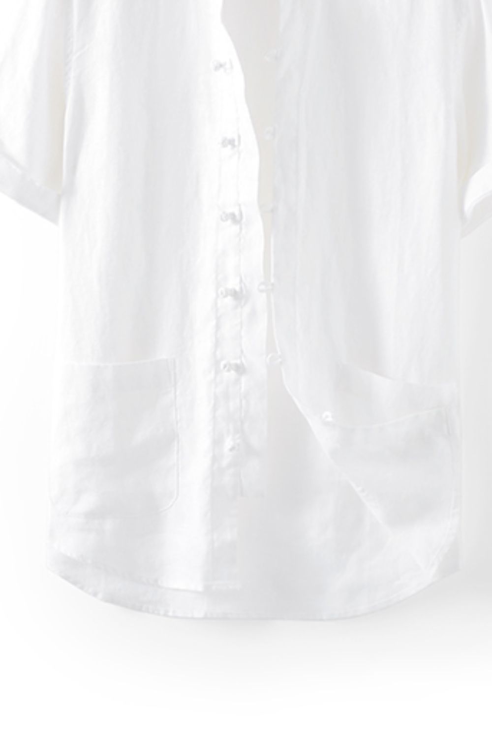 Buttoned Round Neck Short Sleeve Linen Shirt with Pockets